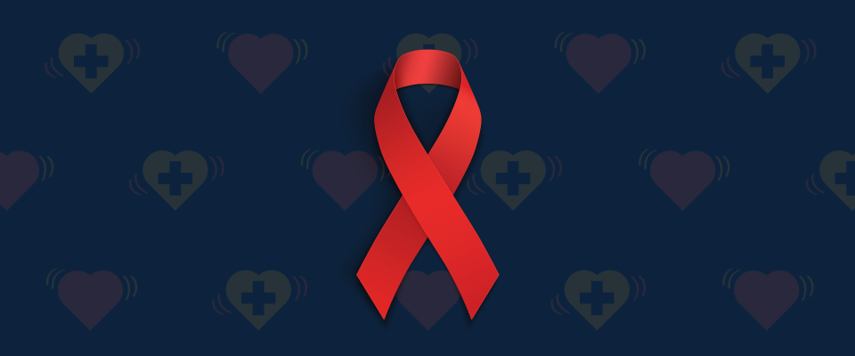 Red HIV/AIDS ribbon on blue background surrounded by hearts with medical crosses inside