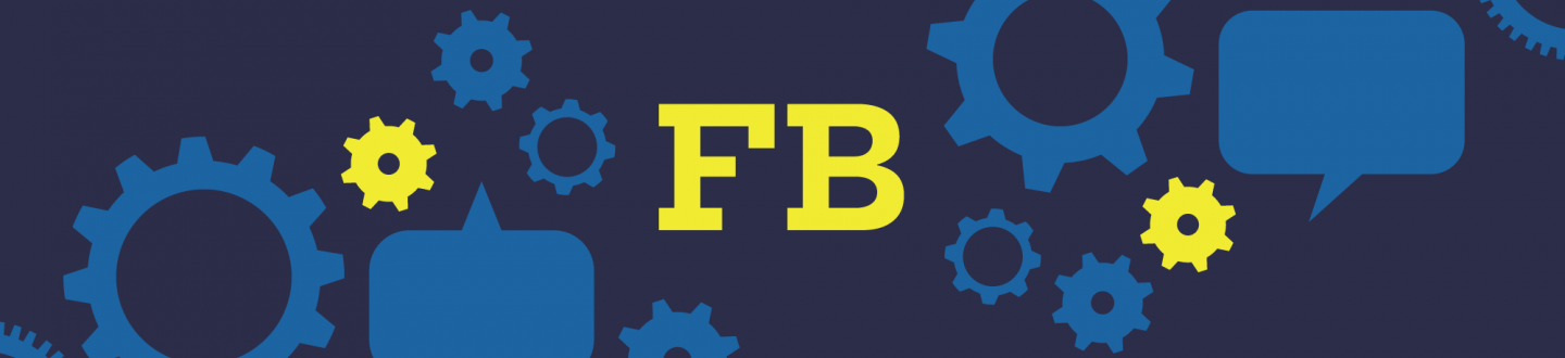 The words FB with lighter blue cogs on a blue background