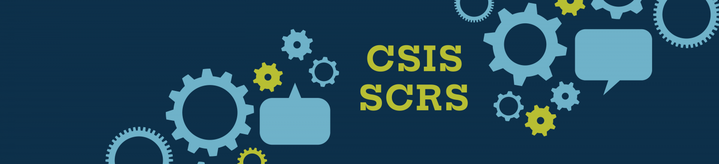 CSIS banner with gears and speech bubbles on a dark blue background