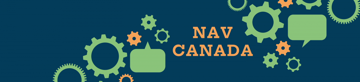 Nav Canada text on dark blue background with green gear icons