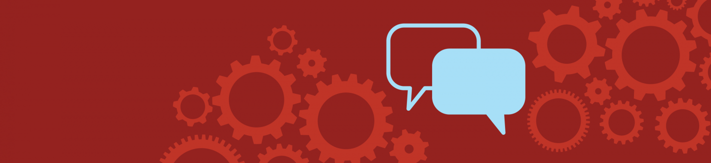 Red background with cogs and text bubbles.