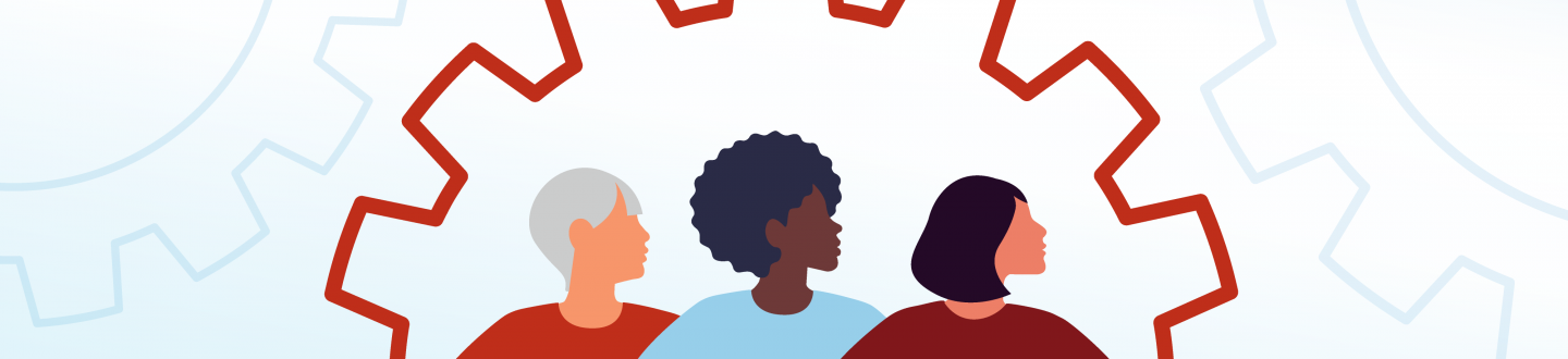 Banner of ladies looking up defiantly  with a light blue gear pattern