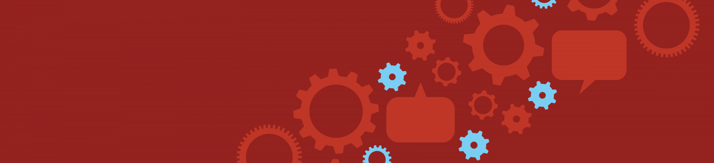 Red banner with light red and light blue gear icons
