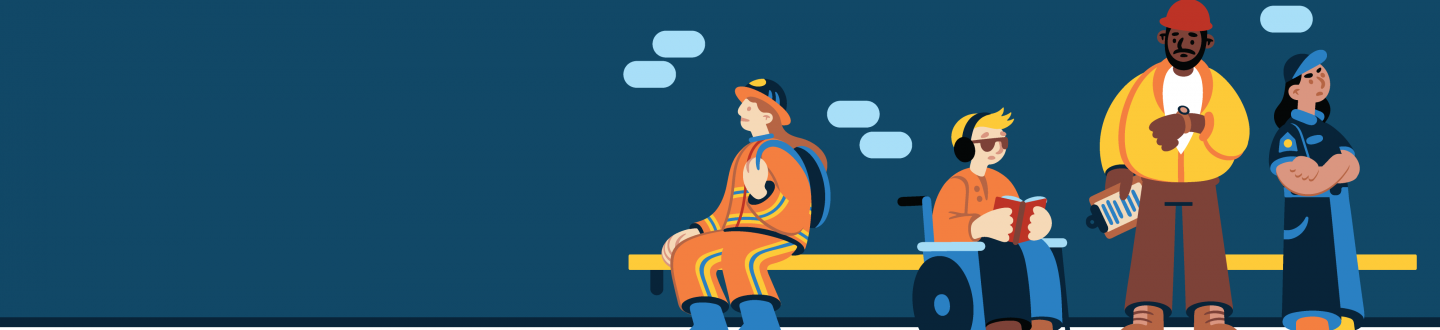 Individuals working and doing things on a dark blue background