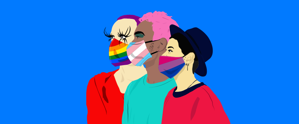 Image of three people with various pride flag masks