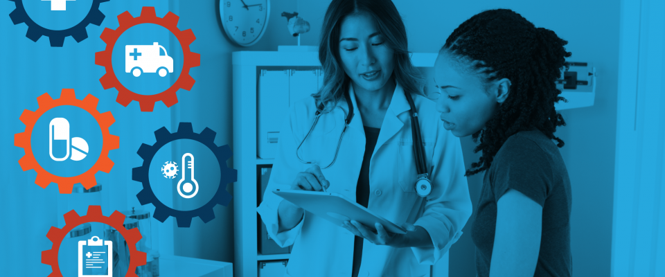 Doctor and patient talking with a blue background and health icons on the left side
