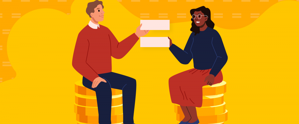 Animated graphic with a man and woman holding the 