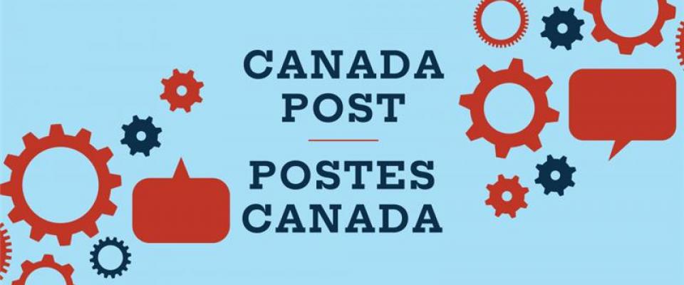 Light blue graphic that says Canada Post, Postes Canada in the middle with cog graphics around it.