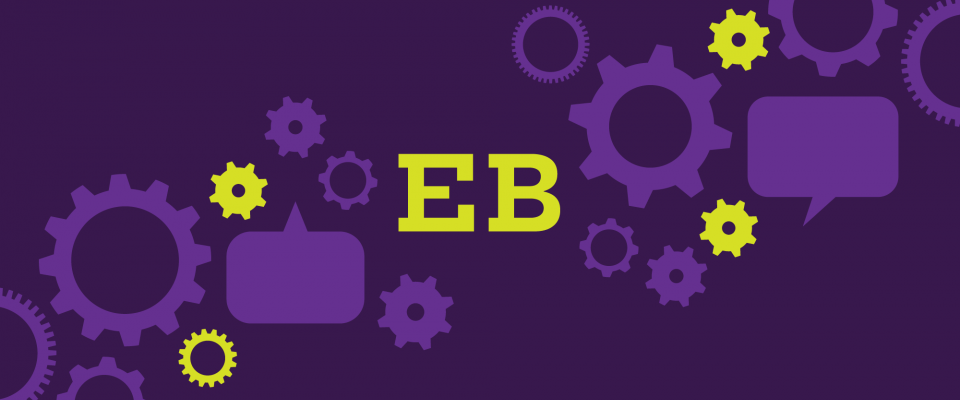 Purple graphic with cogs in background with yellow text that reads EB.