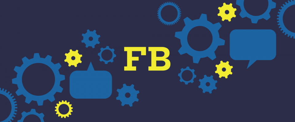 Navy background with a collage of speech bubbles and cogs and the letters 