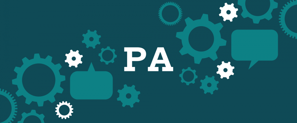 PA bargaining graphic Teal background with speech bubbles and cogs and the letters