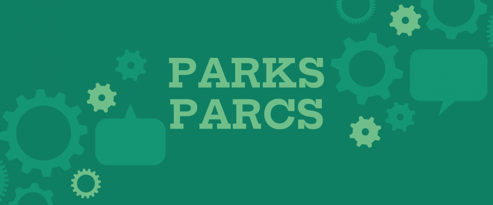 Parks Canada graphic Green graphic featuring the bilingual title “Parks / Parcs,” with speech bubbles and gear icons.