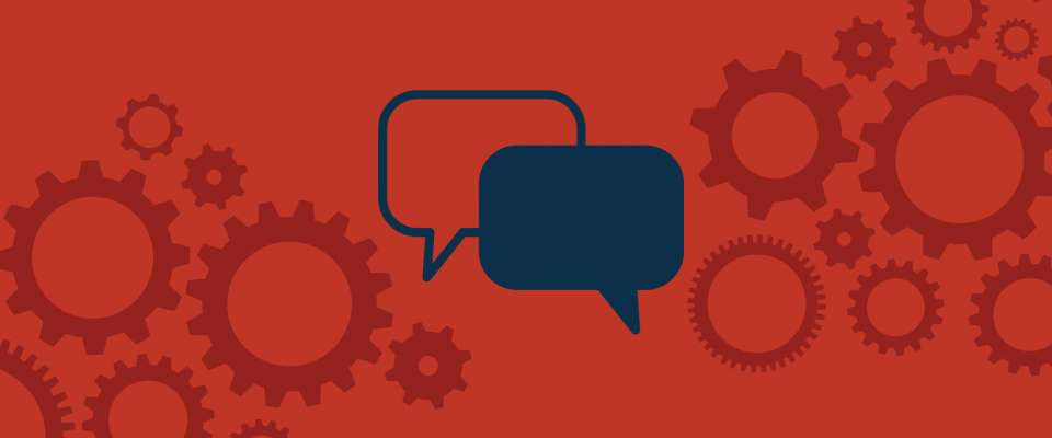 Red background with a collage of cogs and two navy text bubbles in the middle.
