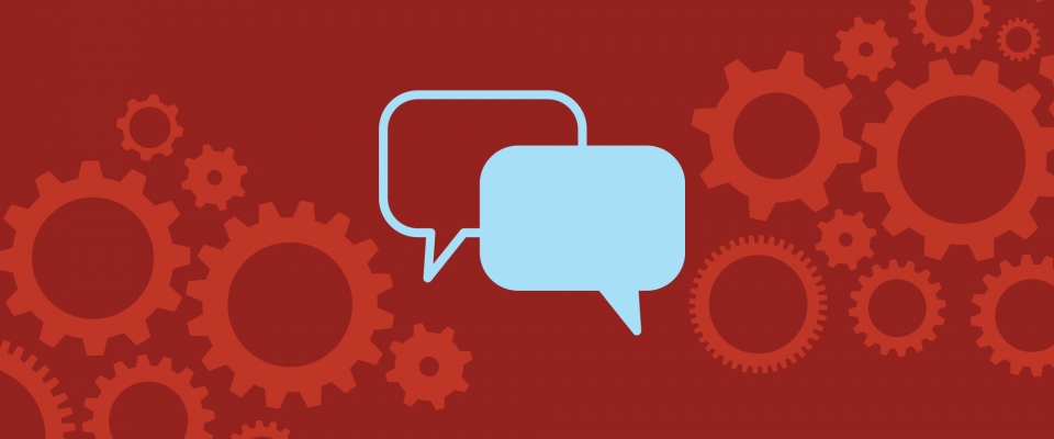 Red background with blue conversation bubbles in the middle and a collage of red cogs.