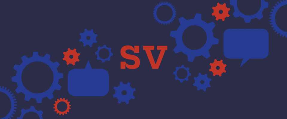 Blue graphic with cogs and text that says SV in the middle