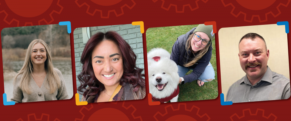 Banner image of our members on a red textured background