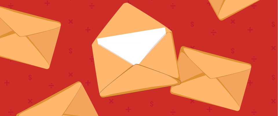 Collage of envelopes on a red background.