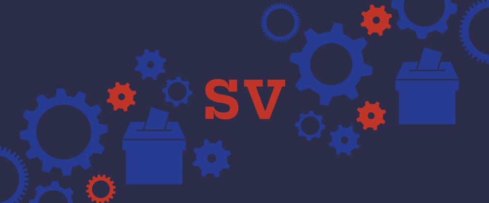 SV bargaining graphic Navy blue background with a collage of speech bubbles and gears, and the letters “SV” in the centre.