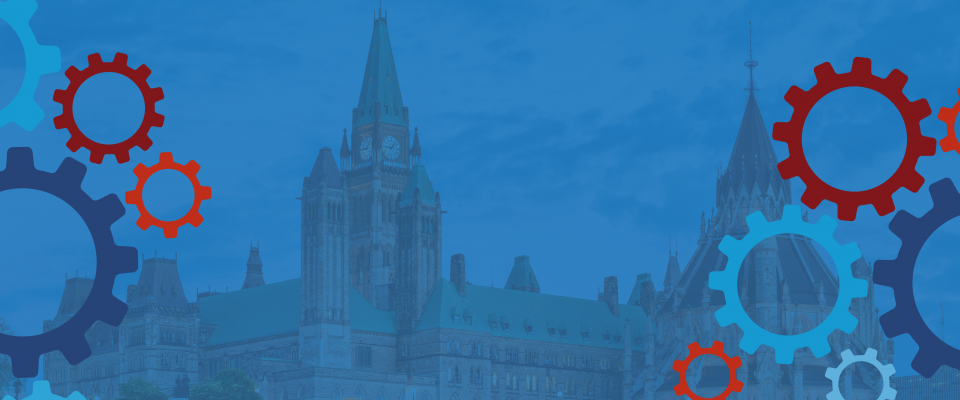 Blue graphic with the top of the Parliament building and a collage of cogs.