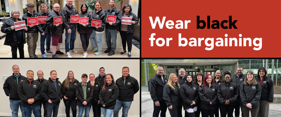 Photos of bargaining team members wearing black with white text on red that says 