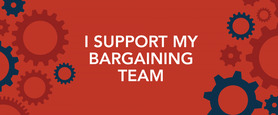 I support my bargaining team graphic Red background with a collage of cogs on the side and the words
