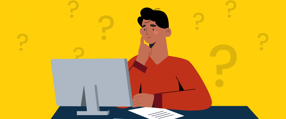 FAQs graphic Yellow background with question marks and a person looking at a computer screen