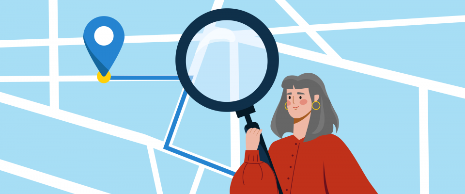 A woman looking at a map with a magnifying glass and a pin drop for a regional office