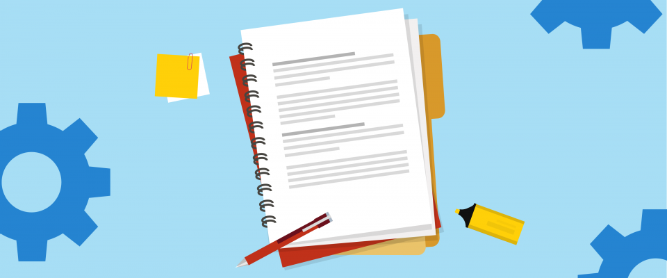 Blue background with cogs in the corners and a stack of papers and folder in the middle.