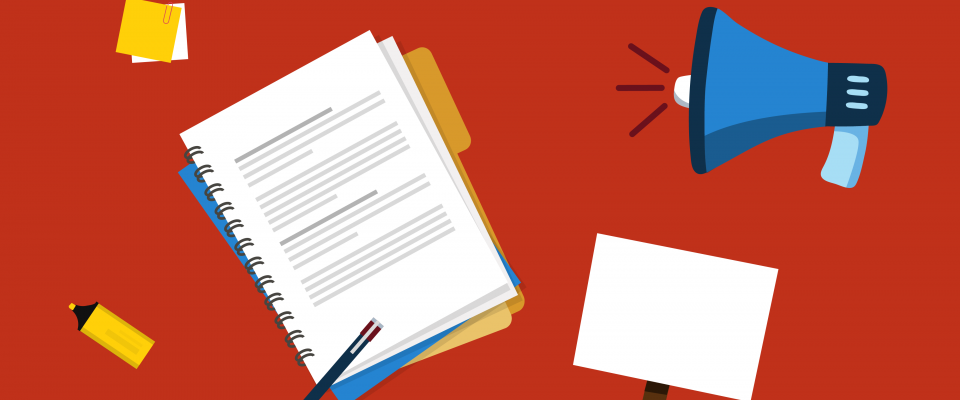 Red graphic with notebook, blank picket sign, and megaphone