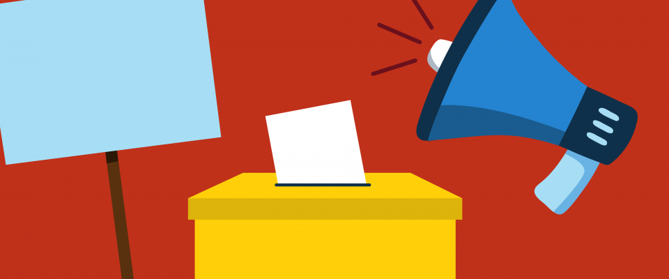 Strike vote graphic Red background with a yellow voting box in the middle and a picket sign and megaphone on either side.