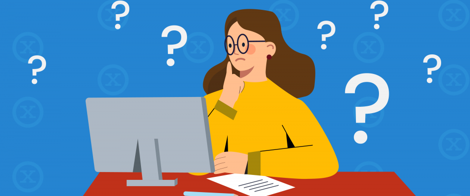 Strike votes FAQ graphic Women dressed in yellow looking at a computer with question marks and x's around her.