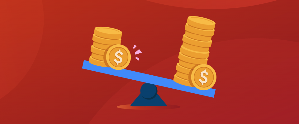 Gender pay gap graphic Illustration of a tilted balance scale showing unequal stacks of coins, representing the gender pay gap.