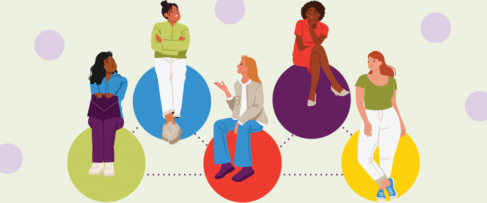 Light green background with polka dots and a group of women with concerned expressions sitting on colourful circles discussing with each other. 