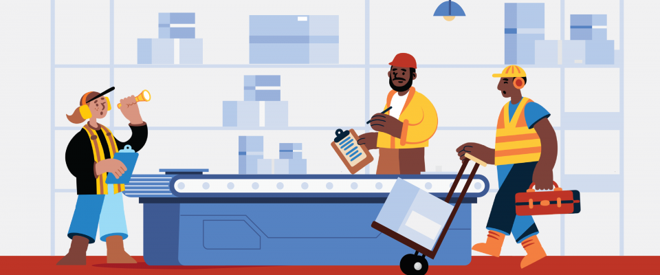 Graphic of three characters representing PSAC members working around a desk.