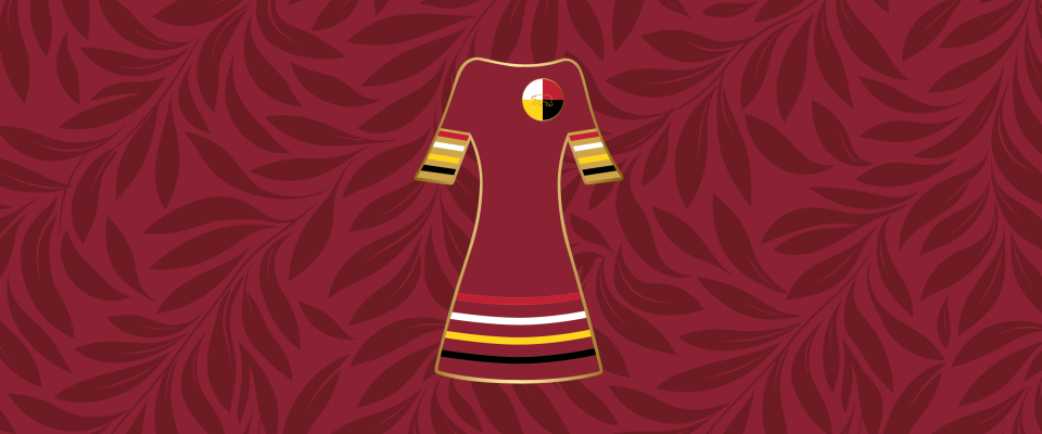 Re Dress Day scrape Red dress artwork on a deep red, leaf-patterned background.