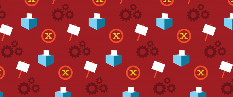Strike vote graphic A red background with a pattern of voting boxes, circled x's, picket signs, and cogs.