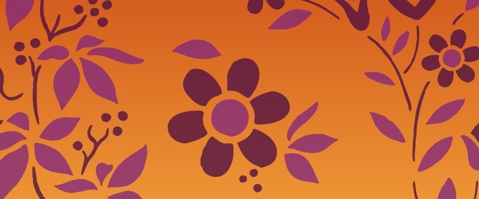 A warm orange background with a repeating floral pattern in shades of purple and burgundy.