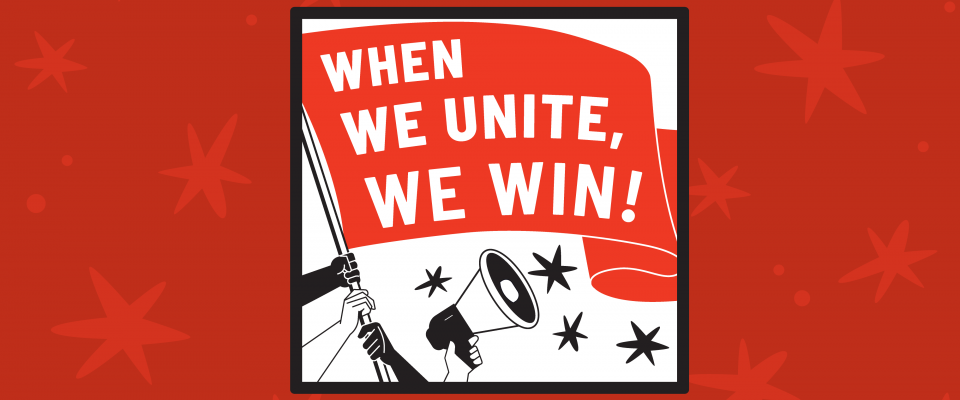 Red background with stars, with a black and white image of a megaphone, and hands holding a flag that reads