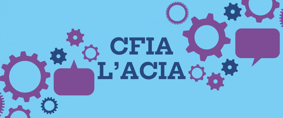 CFIA L'ACIA text on light blue background with gear icons