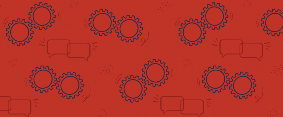 Red graphic with cogs and speech bubbles. 