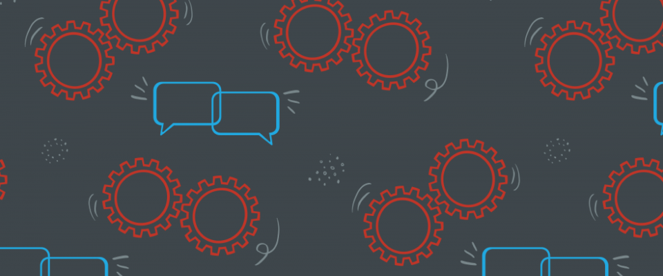 Grey background with a pattern of red cogs and blue chat bubbles.