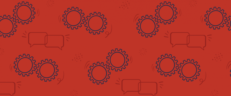 Red graphic with cogs and speech bubbles. 
