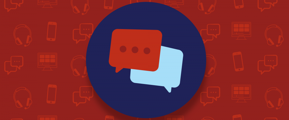 Red graphic with cogs and speech bubbles. 