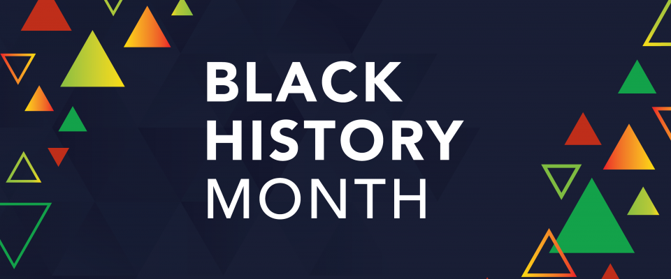 Dark blue “Black History Month” banner with bold white text and colourful triangles around the edges.