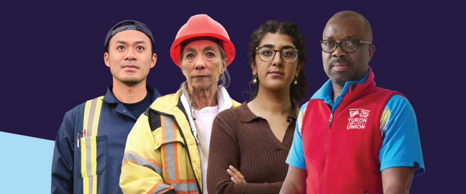 Four public service workers from different fields stand facing the camera in front of a purple background.