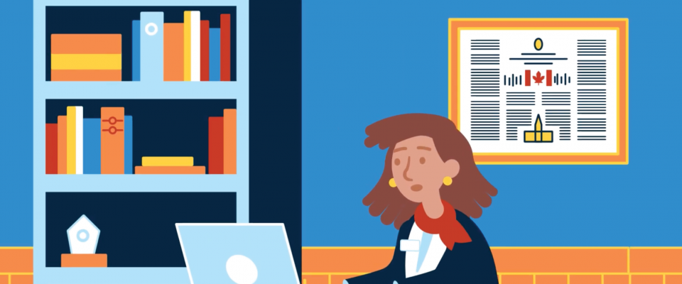 Illustration of a Member of Parliament sitting at her desk on a laptop.
