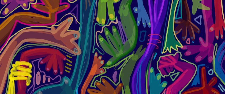 Creative illustration of hands in Pride colours 
