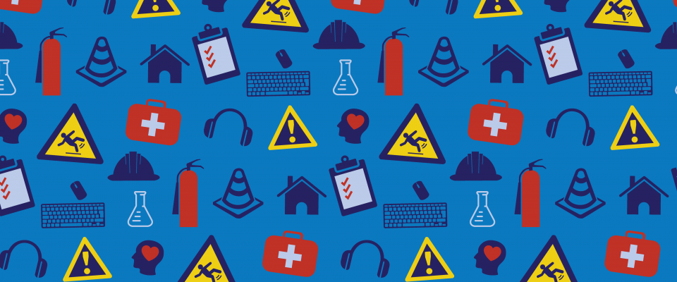 Blue background with clip art images of health and safety icons such as first aid kits, caution signs, and earmuffs. 