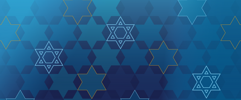 Blue geometric background featuring overlapping Stars of David in varying shades of blue and gold.