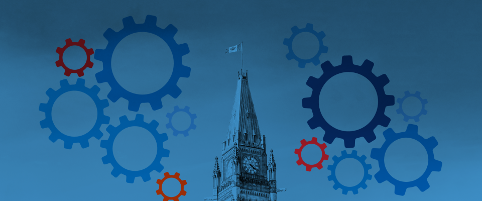 Blue graphic with the top of the Parliament building and a collage of cogs.